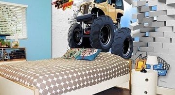 Arabalı Çocuk odası duvar posterleri TM-152 özel baskılı tek parçalı tekstil tabanlı-büyük tekerlekli-sarı renkli-odaya dalma-yüksek çözünürlükte-Fon:Tekstil 140-250-320 enlerinde tek parçalı üretilmektedir