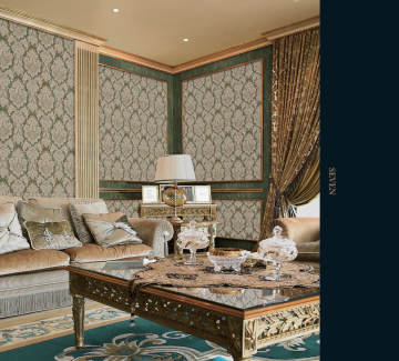 Seven 7807-4-Koyu yeşil-bej yüzey-damask desenli-dokulu