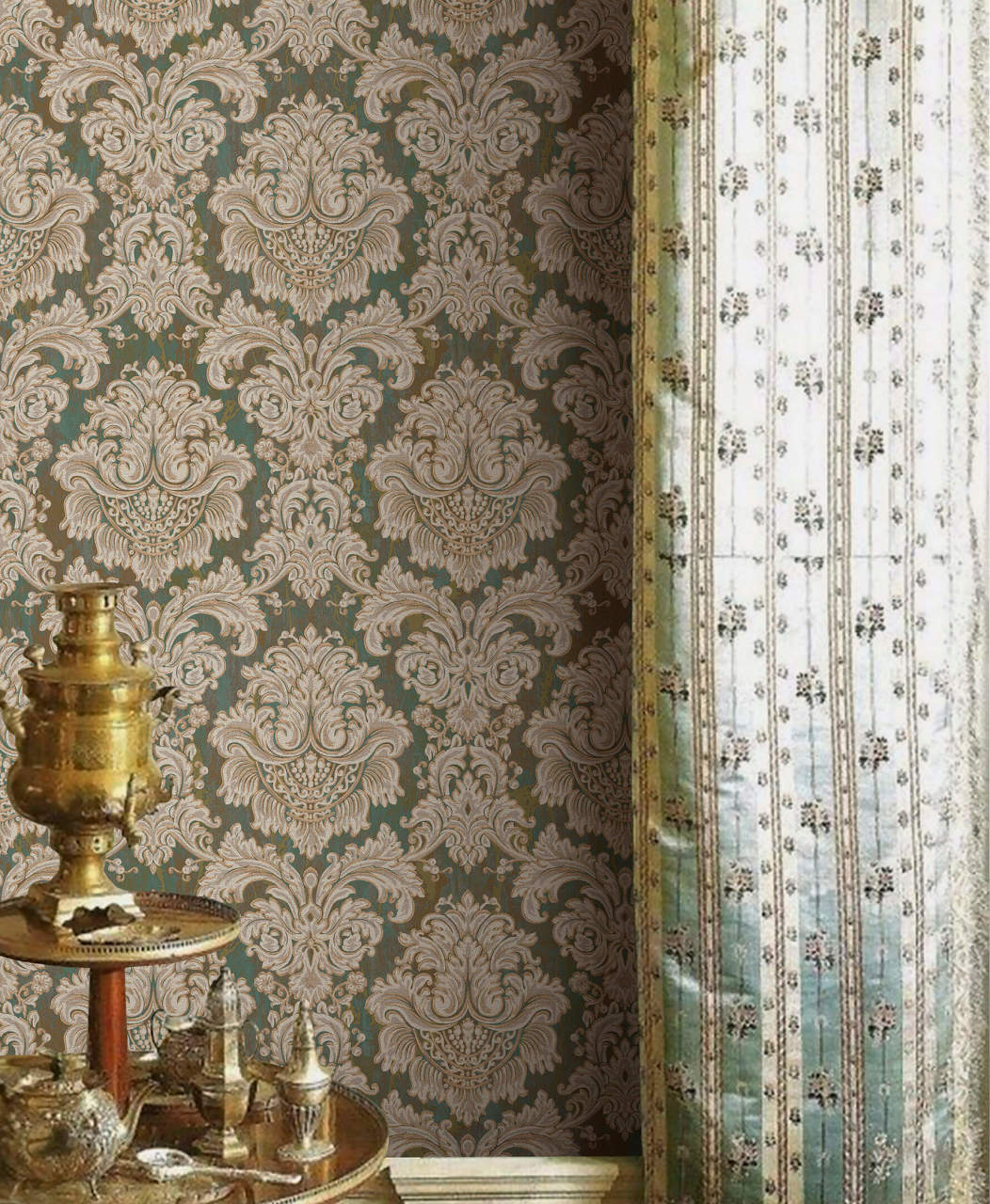 Seven 7807-4-Koyu yeşil-bej yüzey-damask desenli-dokulu