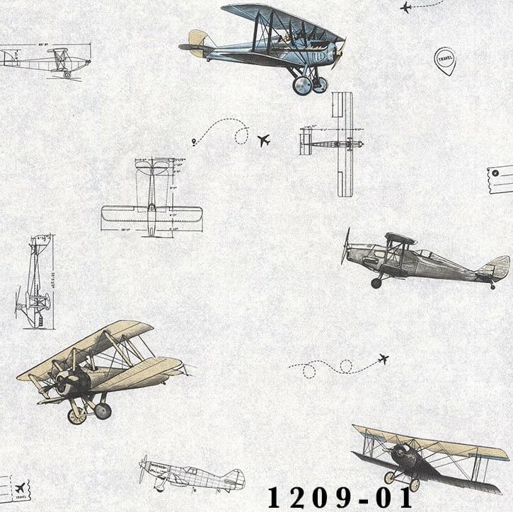 Deco Junior-1209-01, tayyare duvar kağıdı- tayyare-uçuk -krem-mavi-gri