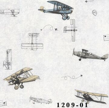 Deco Junior-1209-01, tayyare duvar kağıdı- tayyare-uçuk -krem-mavi-gri