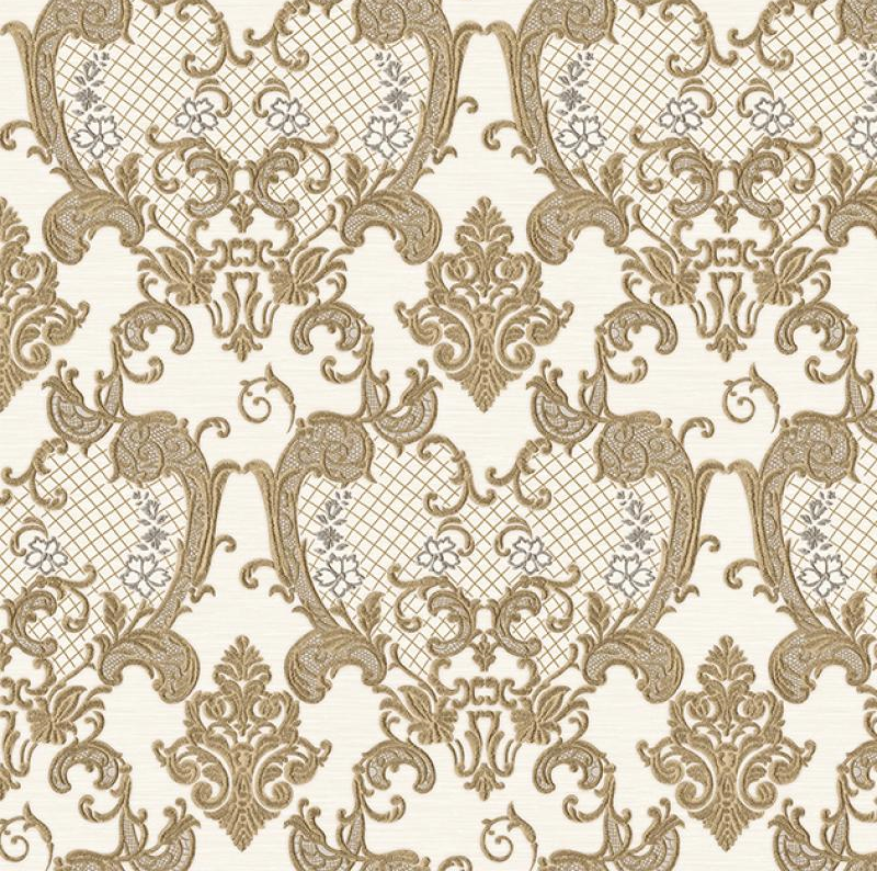 Dante 1411-5- Damask-koyu krem beyaz-desenli-simli-( 10,6 m2)-( Kargo ücretini Alıcı öder