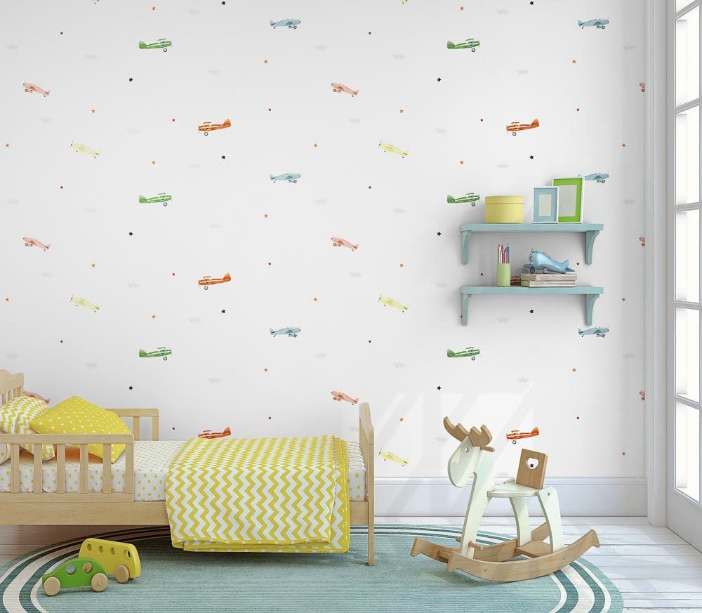 Yeni-ada kids 8907-1 wallpaper collection pattern-renkli-çoklu-uçak-beyaz-kız-oğlan-odası-fon