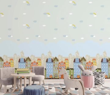 Ada kids 8903-1-wallpaper collection-pattern-mavi-çok renkli-bina-şehir-rengarenk-çocuk-kız-erkek-