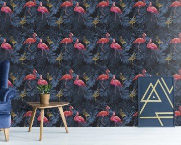 wall-frezya fr18-0034-sarı altın-tasarımlı-modern-leylak kuşlu-koyu mavi-desenli-fon