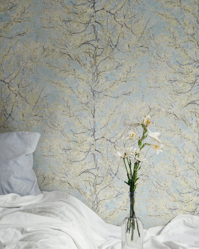 En şık modeller İthal Bn Hollanda-Van Gogh duvar kağıdı 1716-mavi-uçuk sarı-ağaç-dallı-modelli-dokulu-dallı-fon-toptancısından