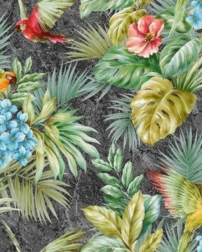 Tropicano 9905-4-gri zemin-yeşil-papağan kuşlu-modelli-ithal duvar kağıtları toptancı-Fon-toptancısı-ithal duvar kağıtları toptancı