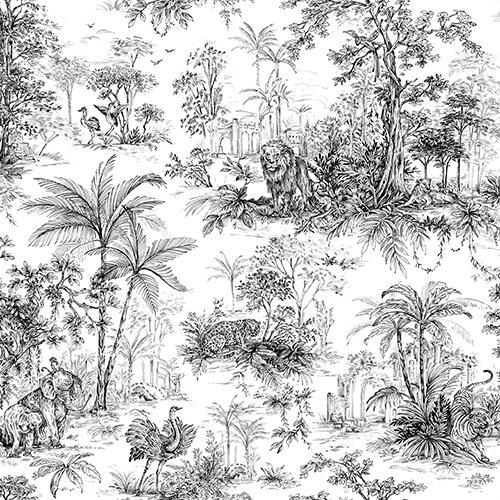 Tropicano 9909-1-orman ağaç modelli siyah beyaz-hayvanlı-aslan-kaplan kuş modelli-desenli
