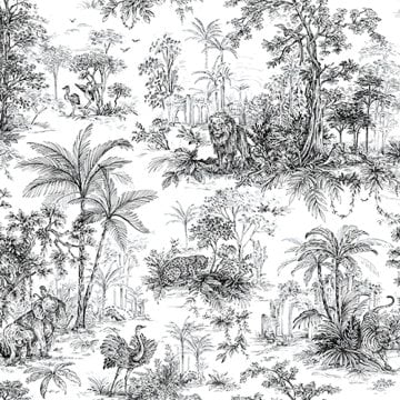 Tropicano 9909-1-orman ağaç modelli siyah beyaz-hayvanlı-aslan-kaplan kuş modelli-desenli