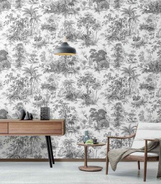 Tropicano 9909-1-orman ağaç modelli siyah beyaz-hayvanlı-aslan-kaplan kuş modelli-desenli