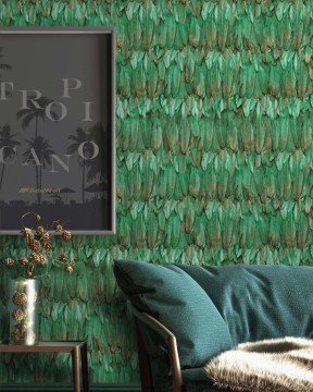 Tropicano 9913-4-doğal-yeşil renkli-kuş kanadı-tüylü-modern-desenli-fon