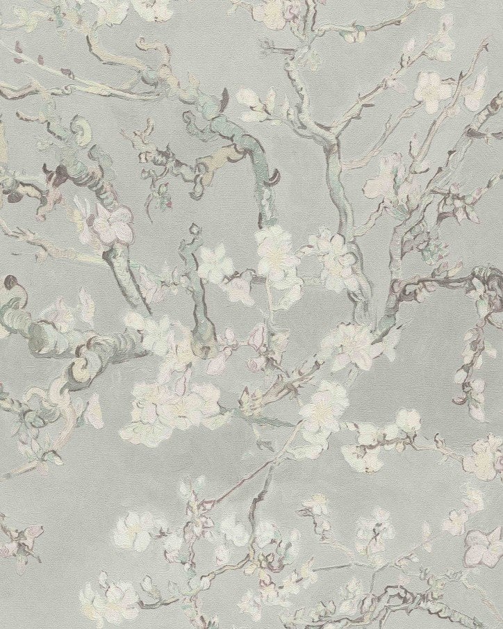 Van Gogh duvar kağıdı 220060-Kaliteli-ağaç dalı-modelli-uçuk yeşil-bej desenli dokulu-Non woven tabanlı Rulo Ebatı: 10,05 x 0,53 m