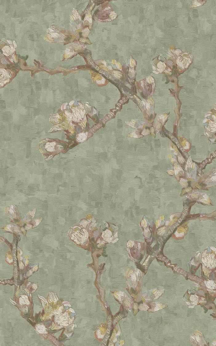 Van Gogh 220013-Yeşil dallı-dokulu-işlemeli-eskitme-doğal-Yüksek kalite-desenli-fon-