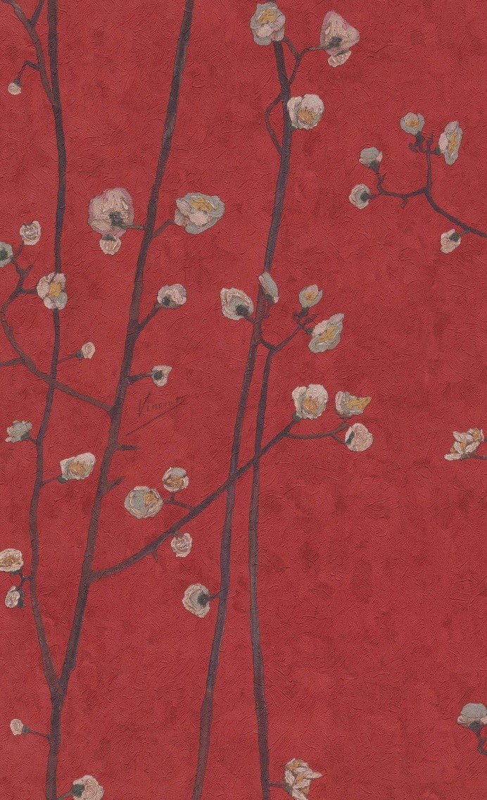 İthal-Hollanda BN-Van Gogh duvar kağıdı 220020-kırmızı-kahve ağaç dalı-beyaz çiçekli-desenli-Yüksek kalite-dokulu-doğal-ev-iş yeri-ofis