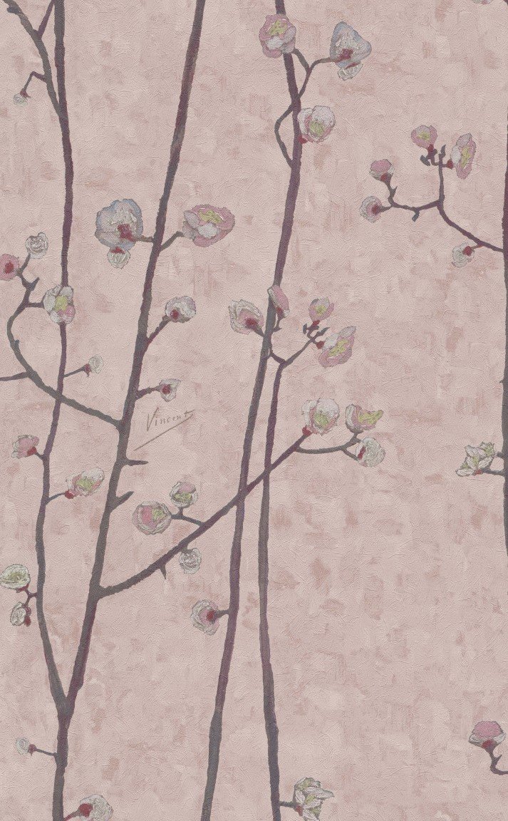 İthal Hollanda BN Van Gogh duvar kağıdı-220021-uçuk pembe-kahve ağaç dallı-yeşil çiçekli-doğal-dokulu-Rulo Ebatı: 10,05 x 0,53 m